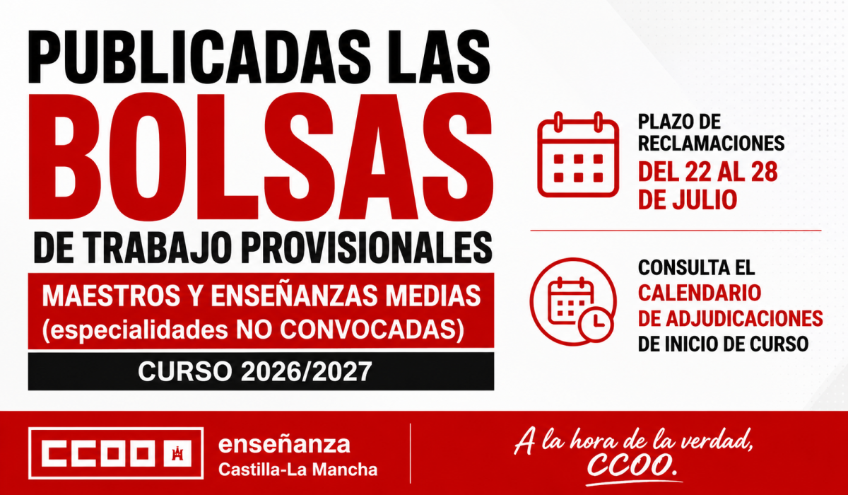 Publicadas las bolsas de trabajo provisionales para Maestros y Enseñanzas Medias (especialidades no convocadas) del curso 2026/2027