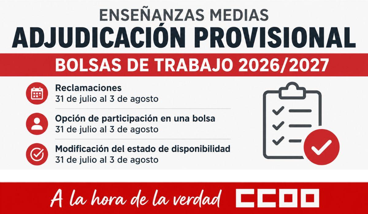 Publicada la adjudicación provisional de inicio de curso y las bolsas definitivas de Enseñanzas Medias para el curso 2026-2027