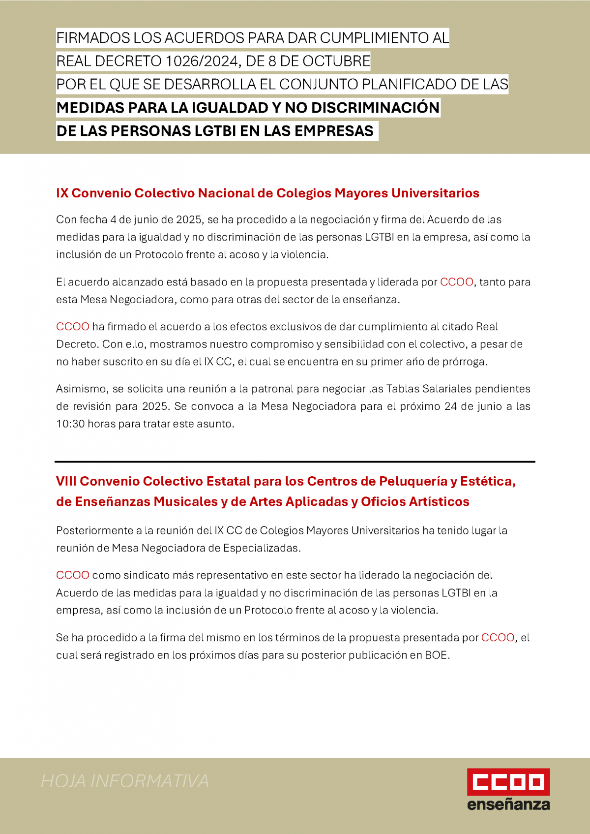 Firmados los acuerdos para dar cumplimiento al RD 1026/2024 de medidas para la igualdad y no discriminación de las personas LGTBI en las empresas