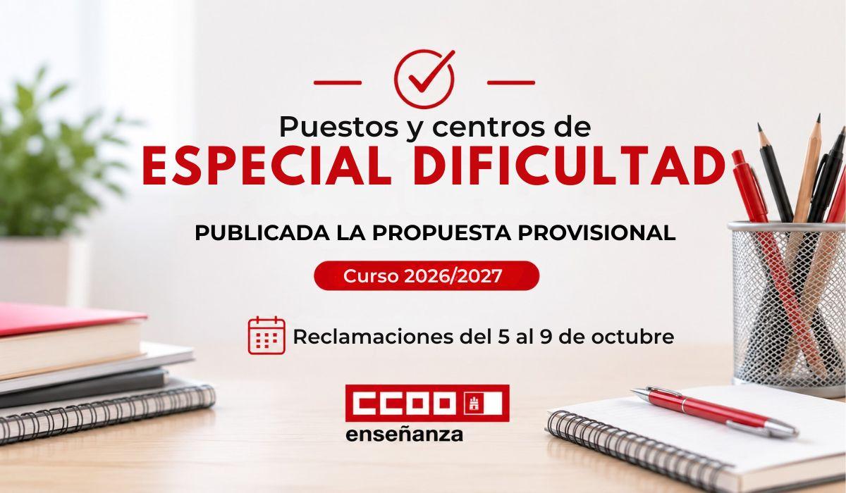 Publicada la propuesta provisional de centros y puestos de difícil desempeño para el curso 2026/2027