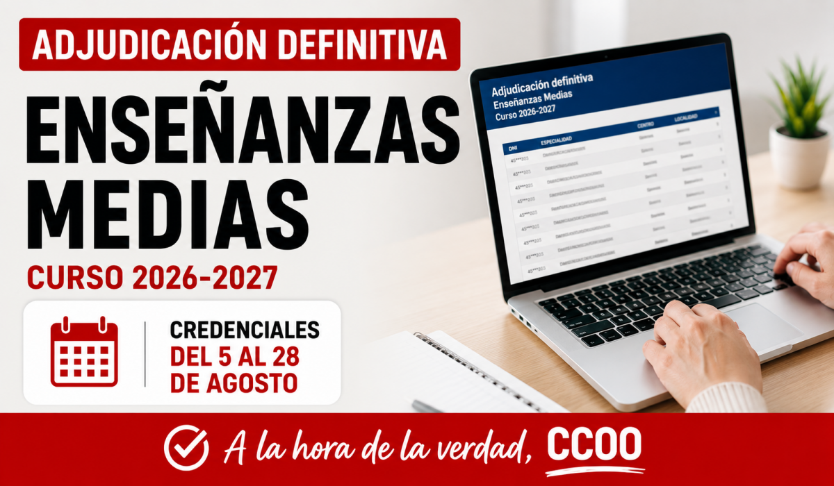 Publicada la adjudicación definitiva de inicio de curso de Enseñanzas Medias para el curso 2026-2027