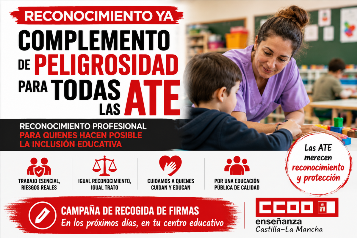 CCOO exige el reconocimiento del complemento de peligrosidad para todas las Auxiliares Técnicas Educativas de Castilla-La Mancha