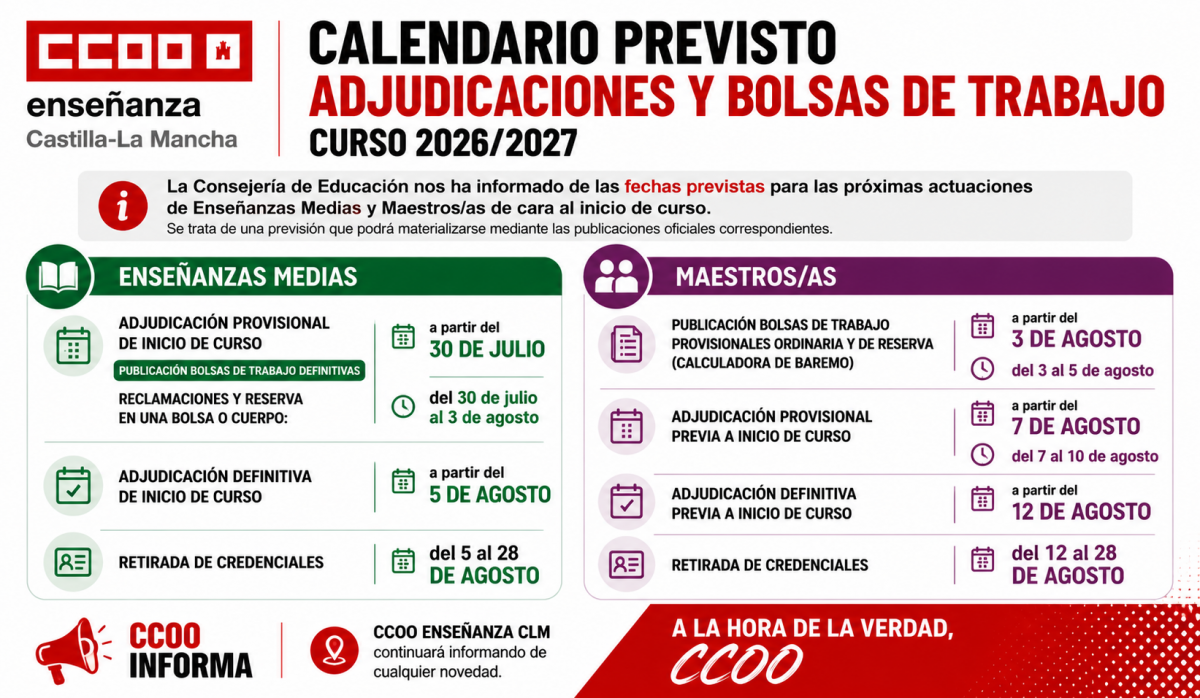 Calendario previsto para las próximas adjudicaciones y bolsas de trabajo