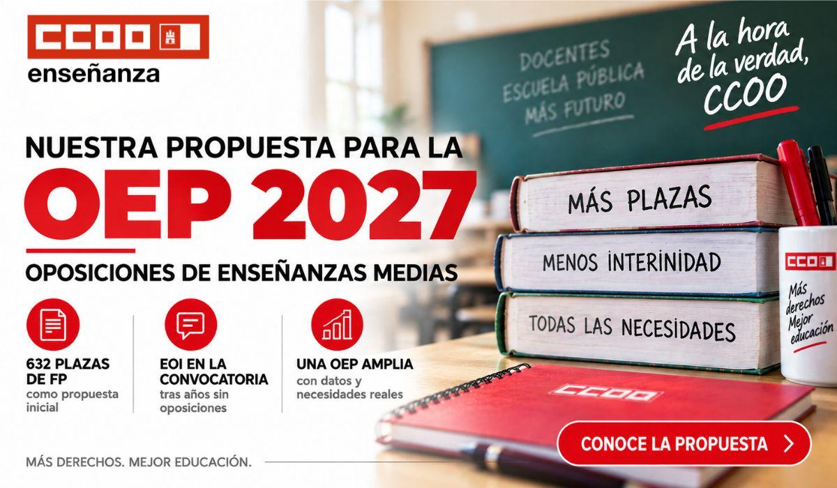 CCOO propone al menos 632 plazas de FP para las oposiciones de 2027 y exige la convocatoria de las de EOI