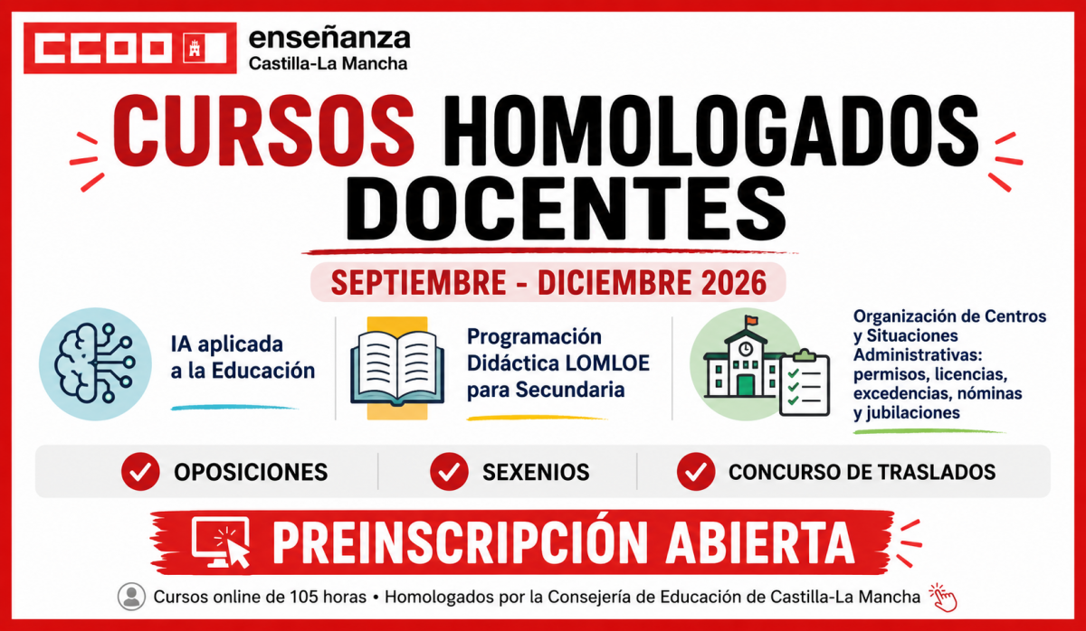 CCOO abre la preinscripción para sus cursos homologados de formación docente del primer trimestre del curso 2026/2027