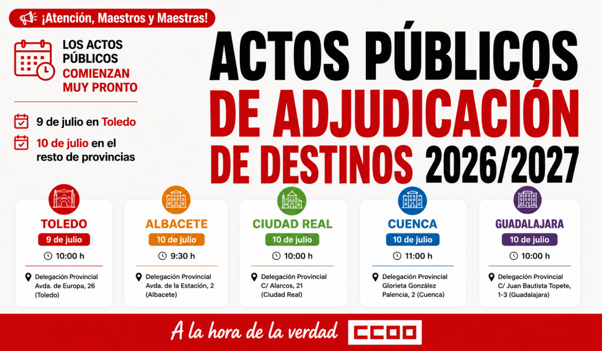 Comienzan los actos de adjudicación de destinos para Maestros y Maestras del curso 2026/2027