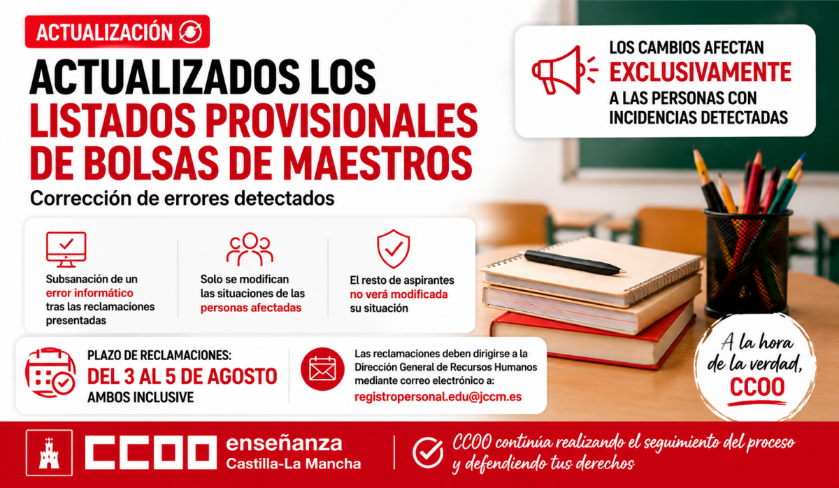 Actualizados los listados provisionales de las bolsas de Maestros tras la subsanación de errores detectados