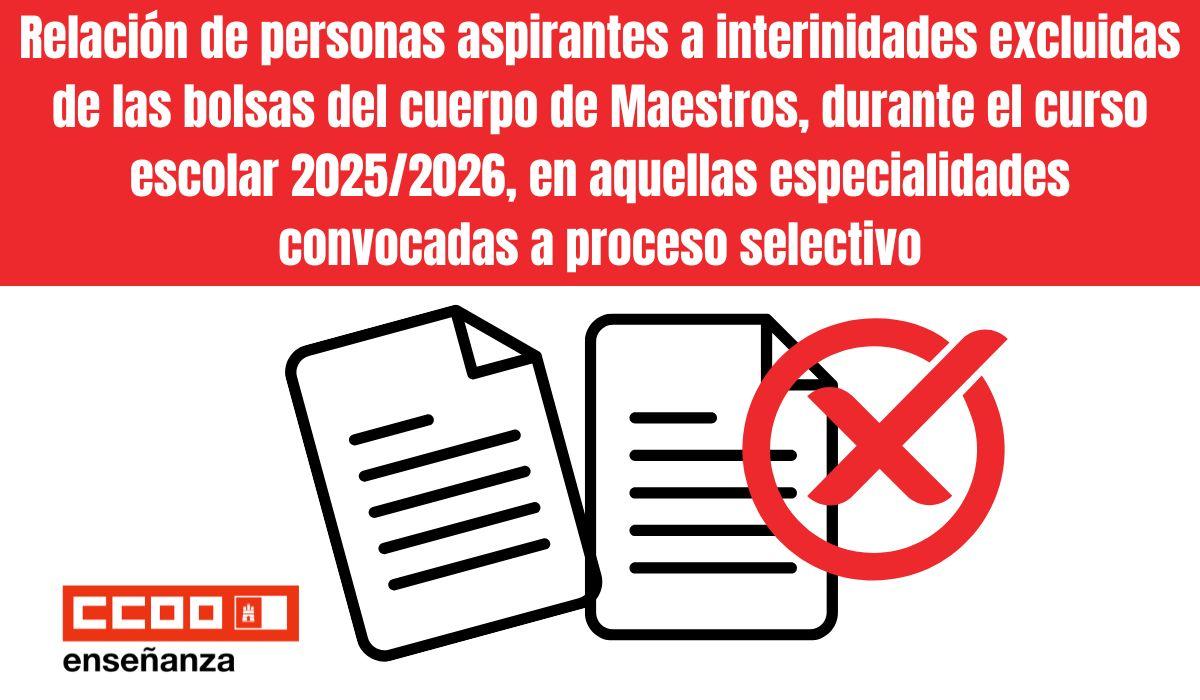 Relación de personas aspirantes a interinidades excluidas de las bolsas del cuerpo de Maestros, durante el curso escolar 2025/2026, en aquellas especialidades convocadas a proceso selectivo