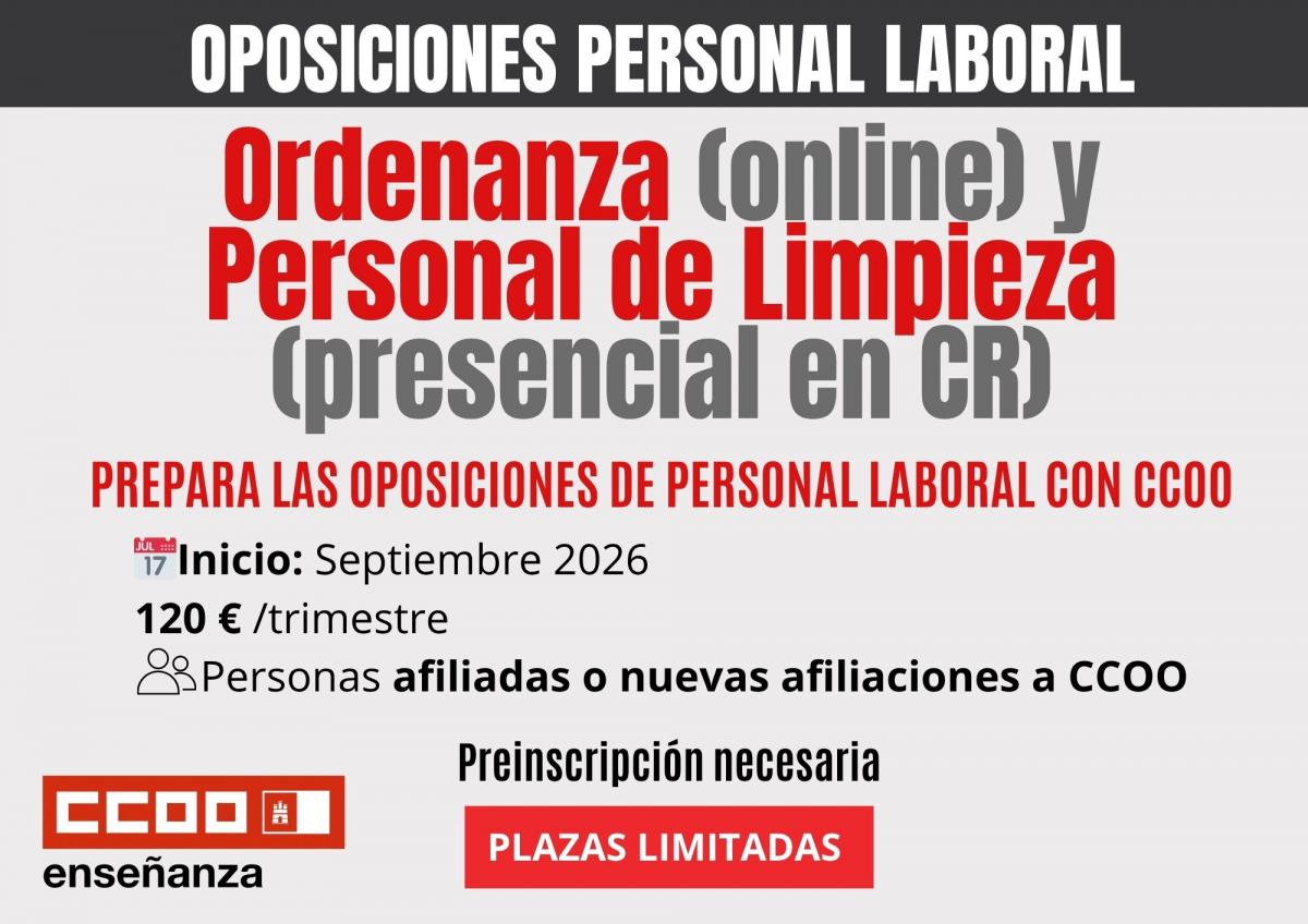 Prepárate con CCOO para las oposiciones de personal laboral: Ordenanza y Limpieza
