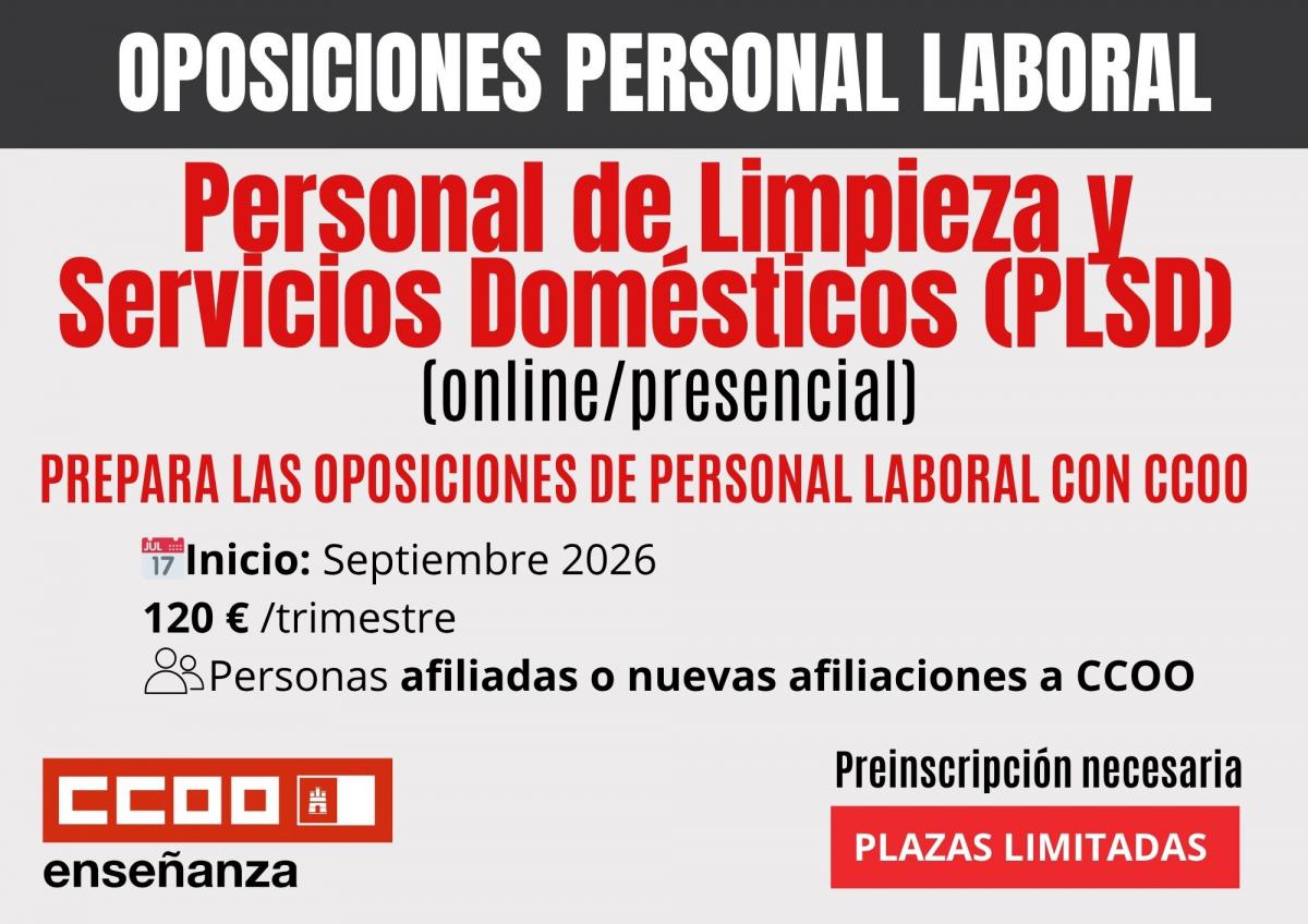 Prepárate con CCOO para las oposiciones de Personal de Limpieza y Servicios Domésticos (PLSD) en Castilla-La Mancha