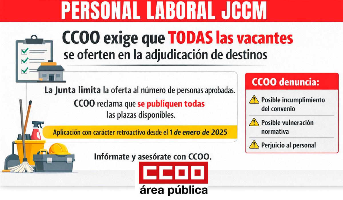 CCOO exige que todas las vacantes se oferten en la adjudicación de destinos de la Junta de Castilla-La Mancha