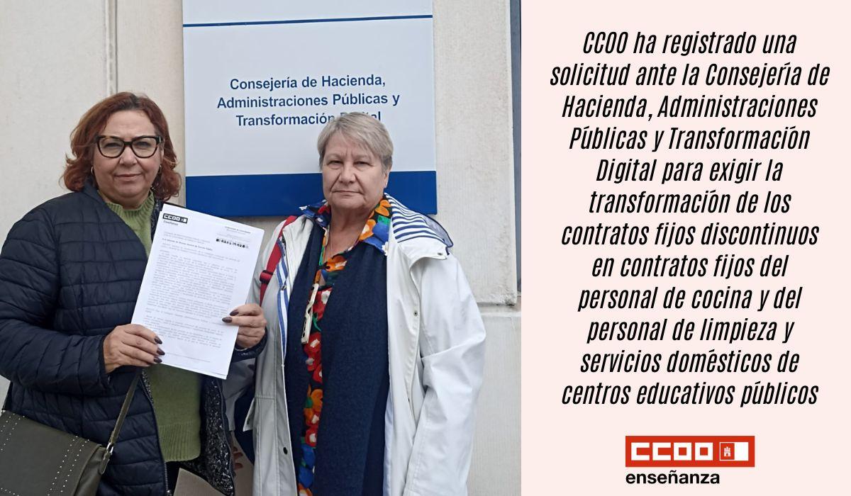 CCOO solicita convertir en fijos los contratos de todo el personal de cocina y personal de limpieza en los centros educativos