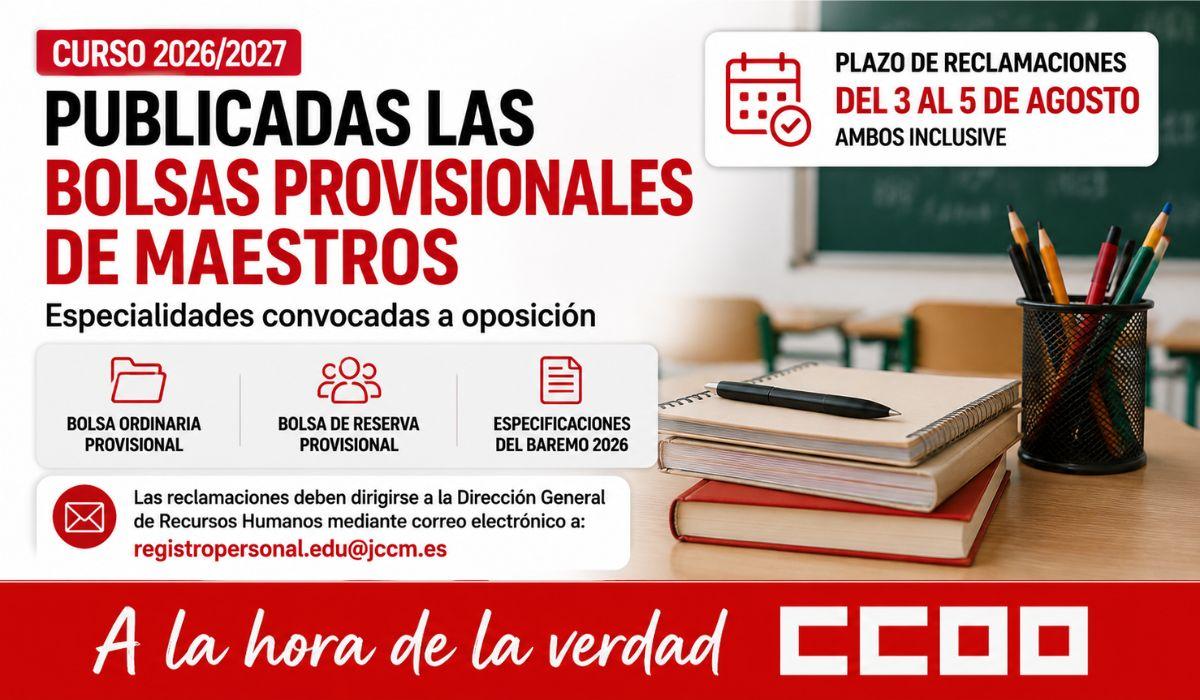 Publicadas las bolsas provisionales ordinarias y de reserva del cuerpo de Maestros para las especialidades convocadas a oposición