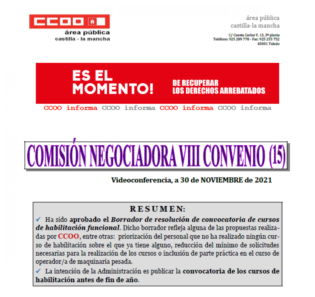 Resumen del VIII Convenio de Personal Laboral de la JCCM negociado por la Comisión Negociadora y Paritaria a fecha del 30-11-2021.
