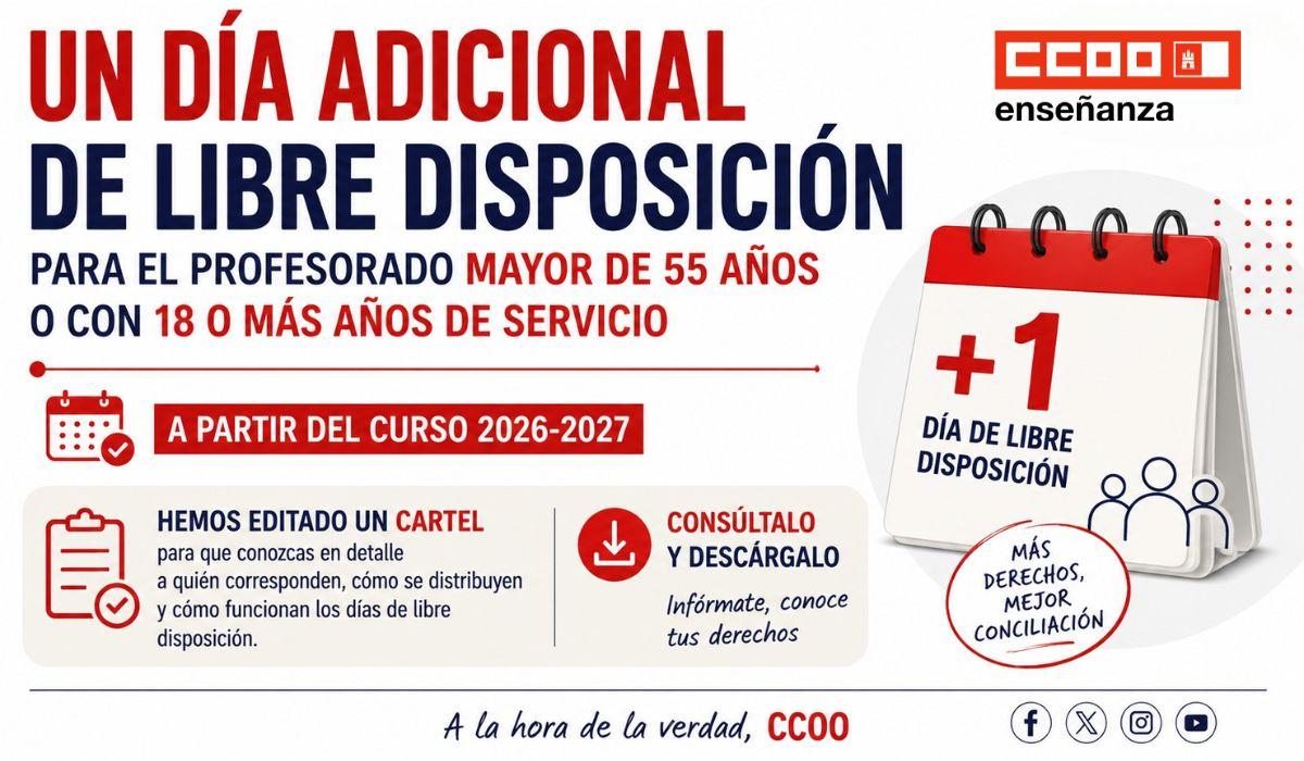 Un día adicional de libre disposición para el profesorado mayor de 55 años o con 18 o más años de servicio a partir del curso 2026-2027