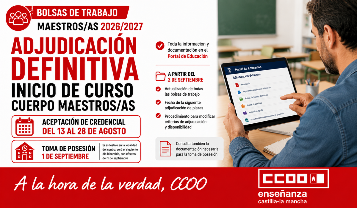 Publicada la adjudicación definitiva de inicio de curso del Cuerpo de Maestros para 2026-2027